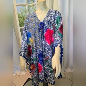 NWT Milonga Resortwear Floral Beachwear Dress Cover Up Size L - Xl Tassels
